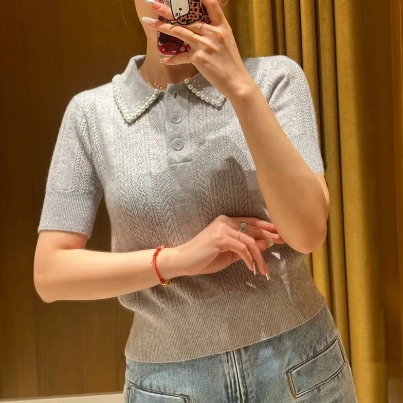 

High-End Version Sweet Sle Pearl Decorated Collar ort Sve Knitted T-irt Women's Faion Spring Collection