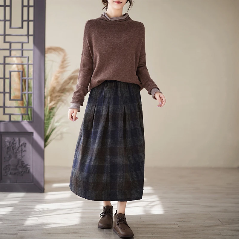 Retro Heavyweight Color Knit Plaid Half Skirt Women's Autumn Winter Warm Long Midi Plaid Skirt High Waist Tweed Fabric