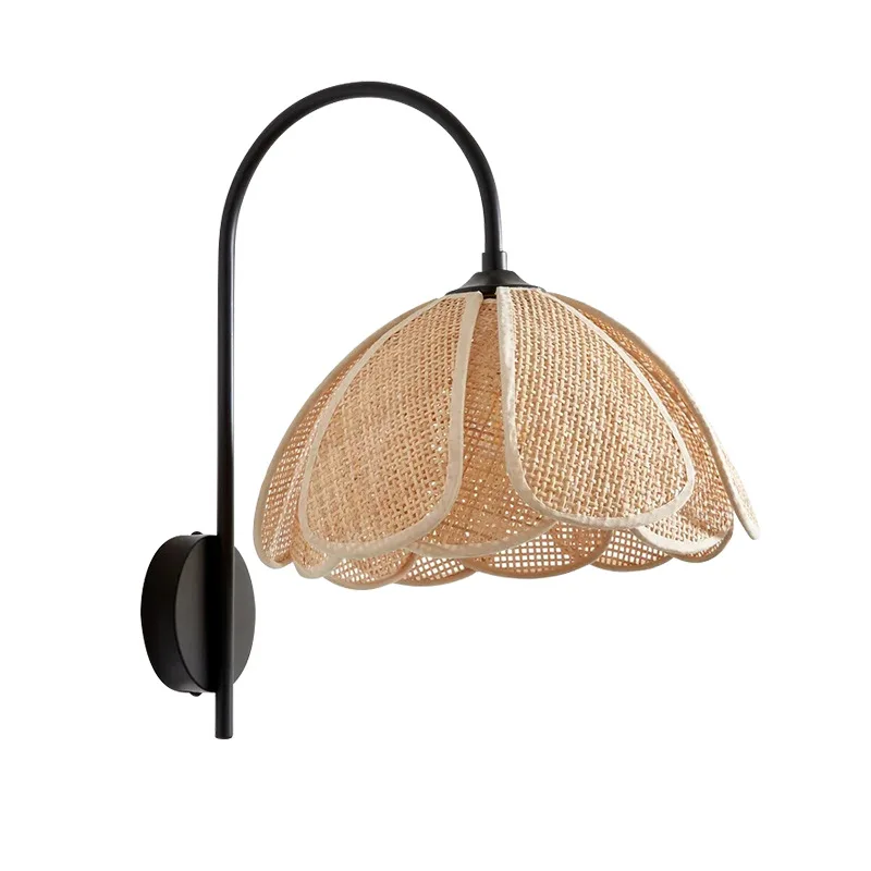 Rattan Tecelagem Lâmpada de Parede, Estilo Coreano, Lâmpada de Metal Preto, E27 Iluminação de Leitura, Foyer Quarto, Dropshipping