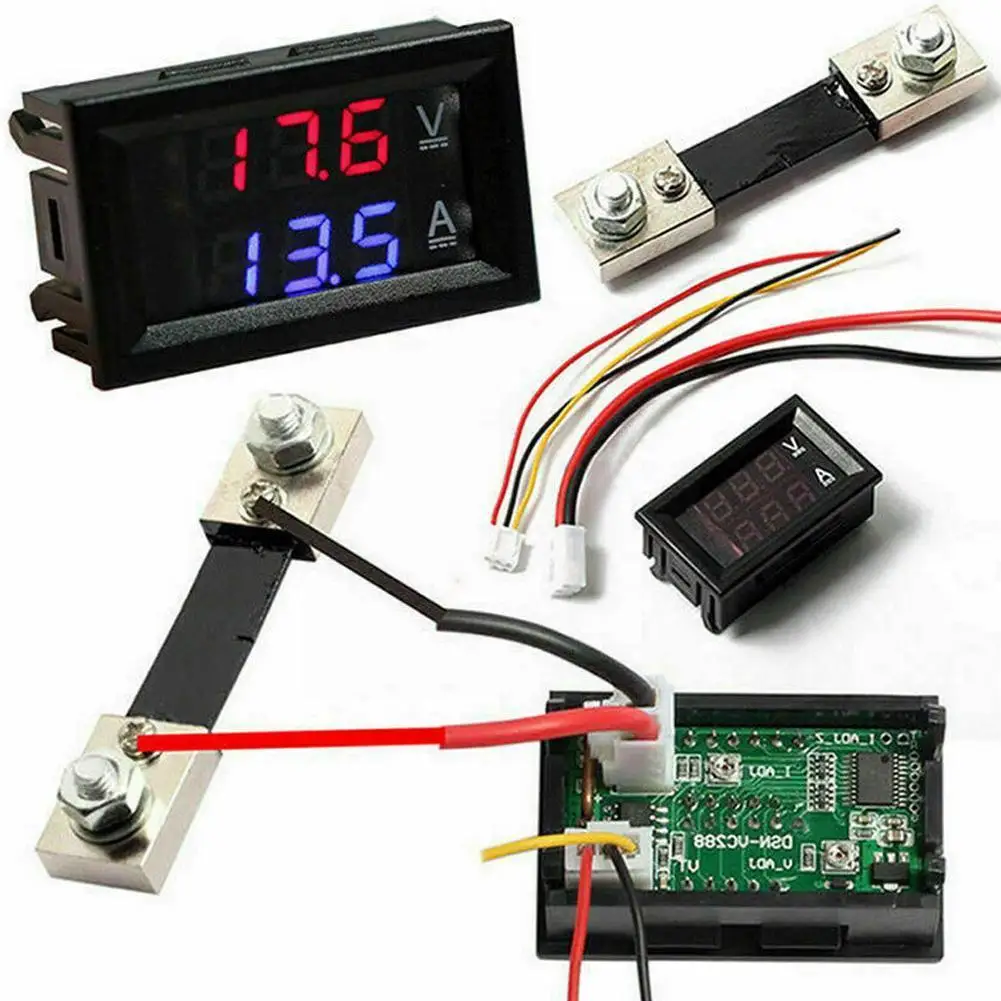 DC0-100V 1A 10A 50A 100A Voltmeter Ammeter Red Blue LED Green LED Dual Gauge Digital Display Volt Meter Digital Amp J6K8