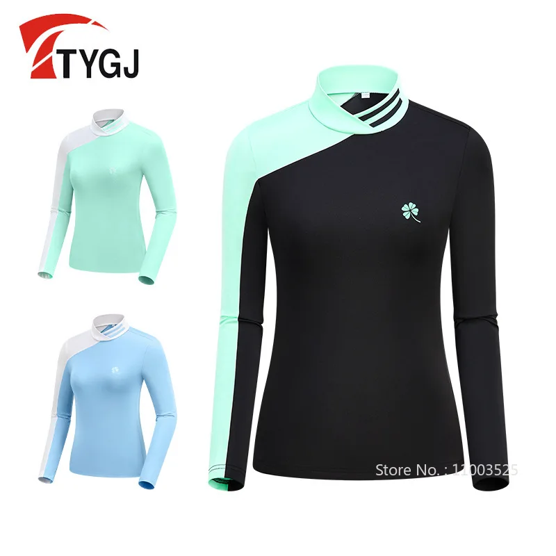 

TTYGJ Golf Women's New Long Sleeved Shirt Patchwork Breathable Sports Tops Lady Stand Collar Outdoor Leisure T-shirts