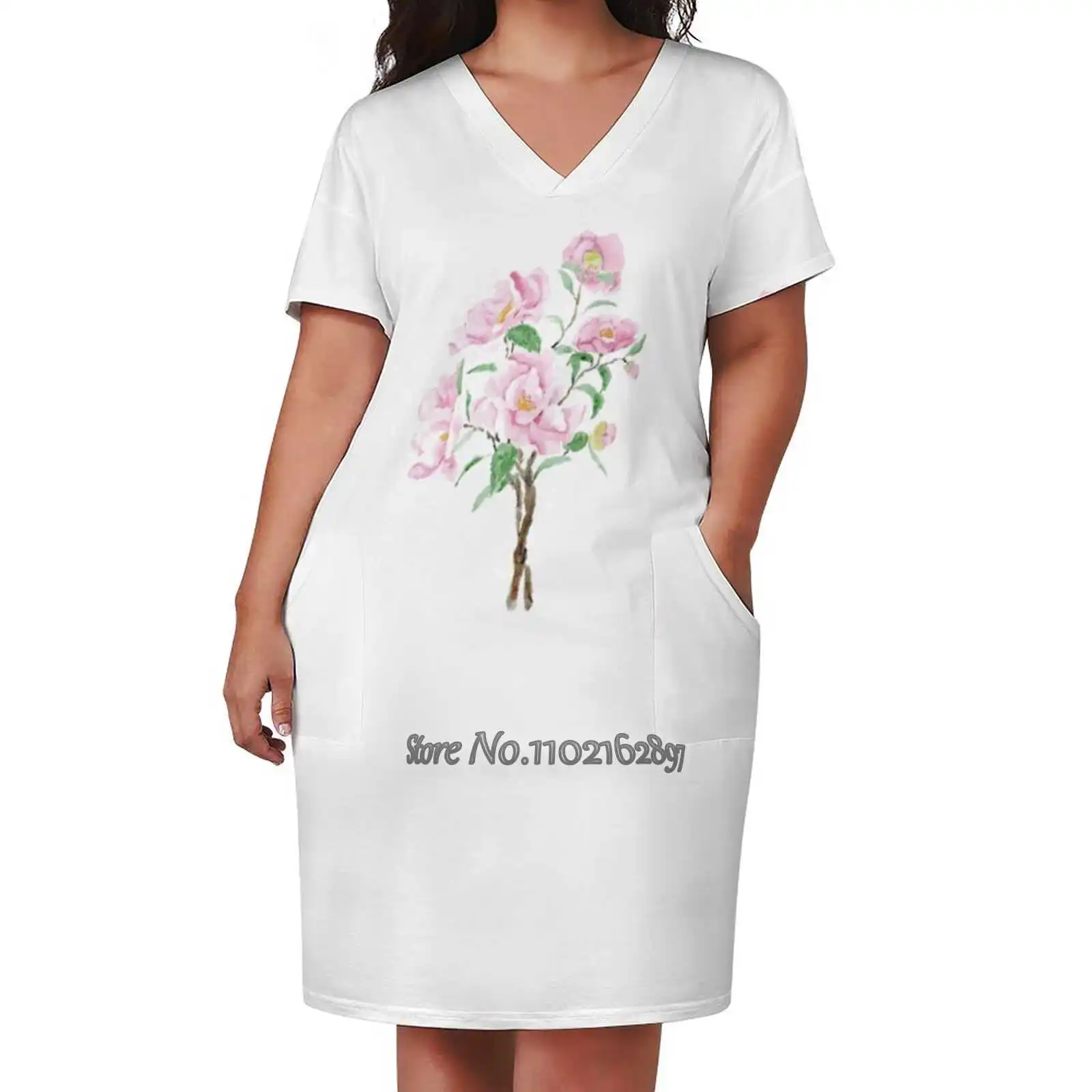 Pink Flowers Watercolor Painting Sexy V-Neck Dress Fashion Casual Printed High Quality Short Sleeve Skirt 5Xl Pink Flowers