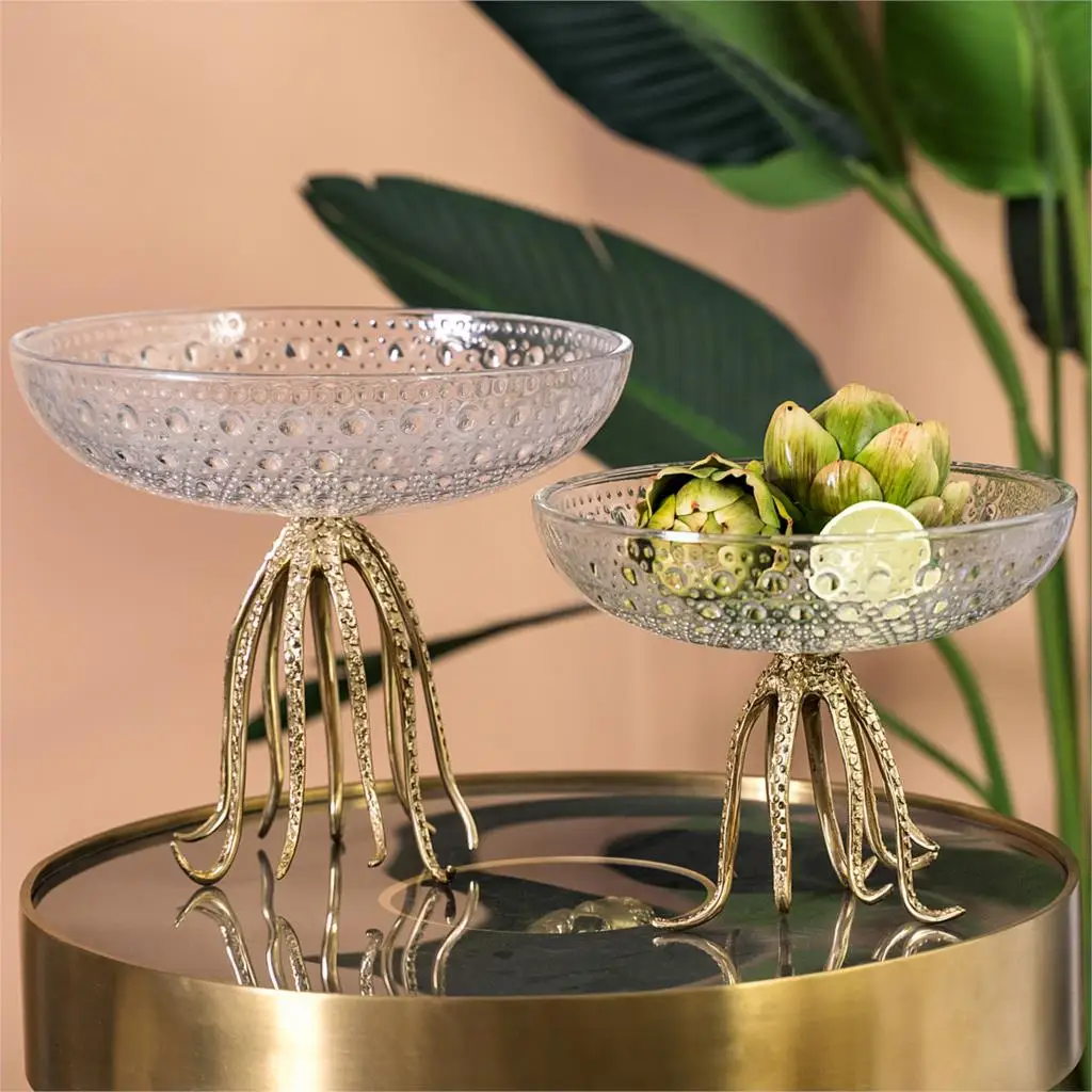 Luxury Octopus Shape Metal Statue Home Glass Fruit Plate Living Room Creative Decor  Dried Fruit Plate Fruit Bowl Candy Dish