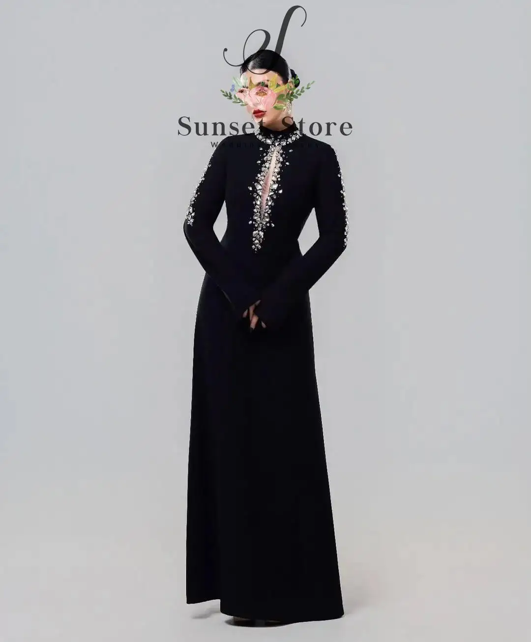 Vestido de Noche Personalizado con Detalles de Cristal, Cuello Alto, Manga Larga, Vestido Formal de Noche 2026, Negro, Línea A, Estilo Árabe Dubai