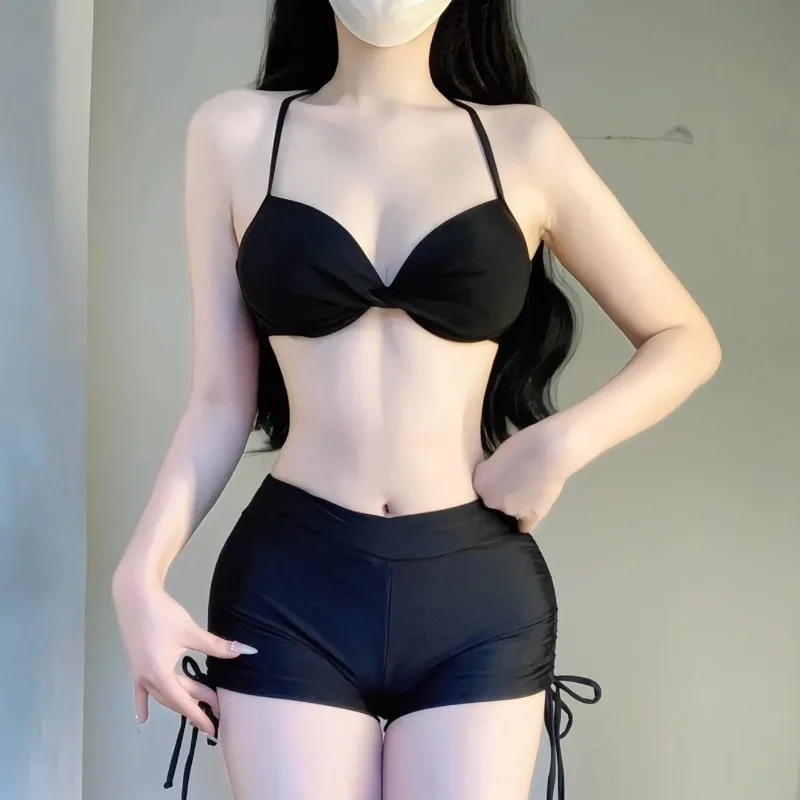 Costume da bagno bikini dolce da donna con copricostume a maniche lunghe in stile vacanza al mare Costume da bagno in tre pezzi a pois nero