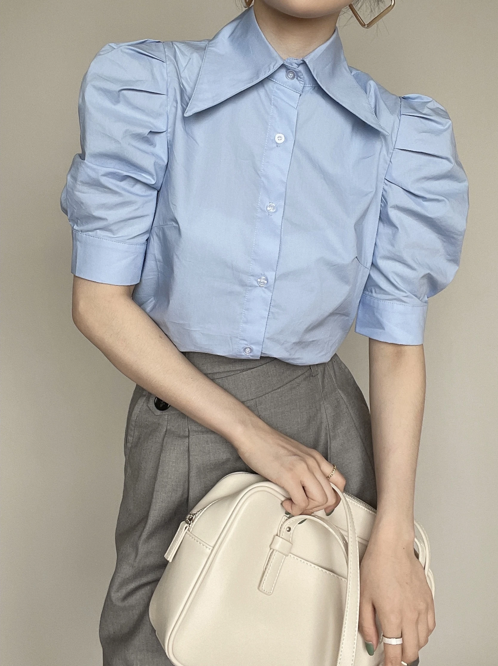 

Interview Work Commute Summer New Bubble Sve arp Collar irt Anti-Wrinkle Design Daily Office Profional Women's Blouse