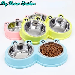 Cat Bowl Dog Bowl Drinking Water Feeding One-piece Pet Double Bowl Stainless Steel Frog Pet Food Utensils Pet Products