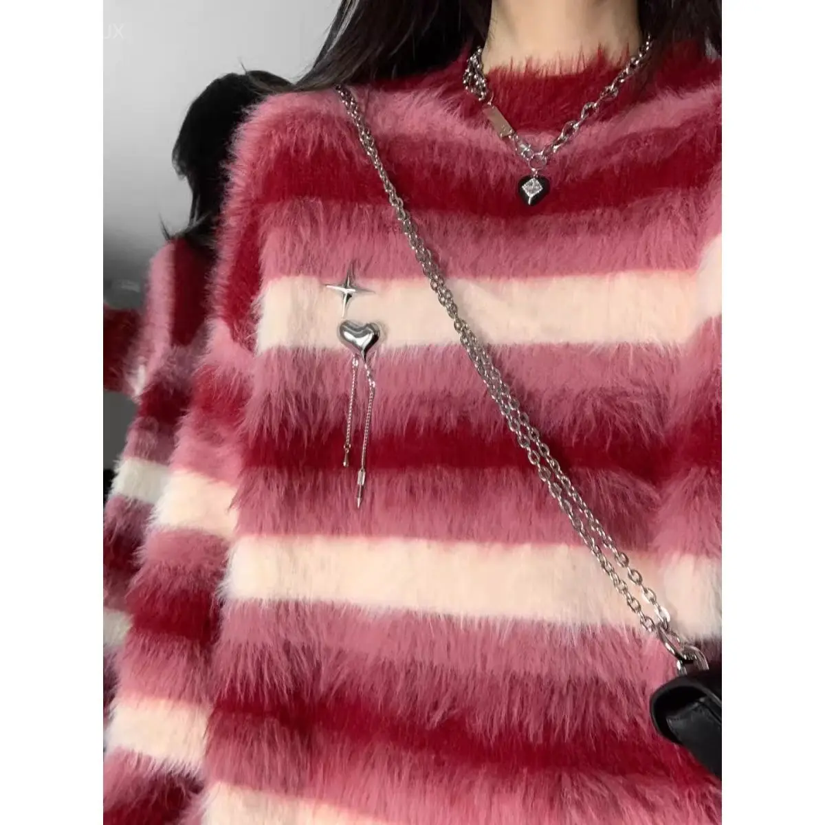 Sueters De Mujer Imitation Mink Fur Pullover Red Striped Sweaters Y2k Fairy Grunge Knitwear American Streetwear Cashmere