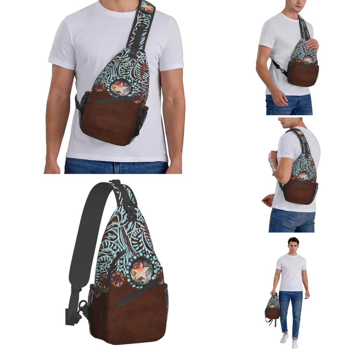 Primitive Cowboy Türkis Cross body Schulter taschen kleine Brusttasche Leopard Leder Schulter rucksack Daypack Wandern Reise Camping