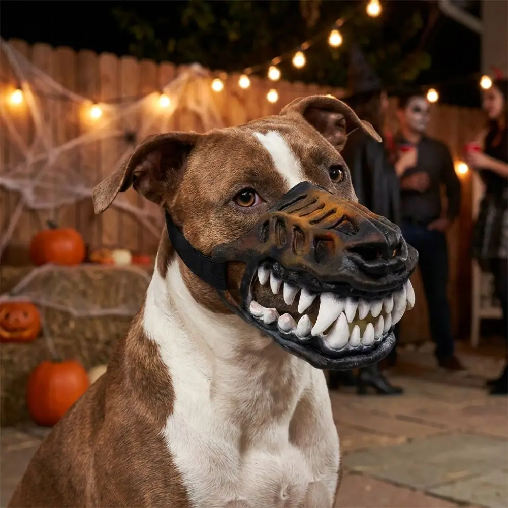 Vintage Halloween-Hundemasken mit beweglichen Zähnen, verstellbaren Riemen, Latex-Halbgesichtsmaske für Hunde, reißfest, realistische Zähne – Detail 8