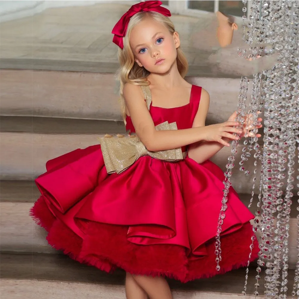 Flower Girl Dresses Customize Simple Square Collar Red Girls Pageant Dress Kids 2023 Winter Wedding Party Communion Gowns