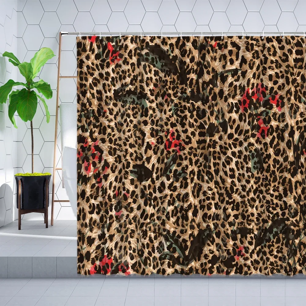 Creative Color Leopard Shower Curtain Hook Animal Texture Black White Purple Modern Dot Geometric Bathroom Hanging Curtains Set