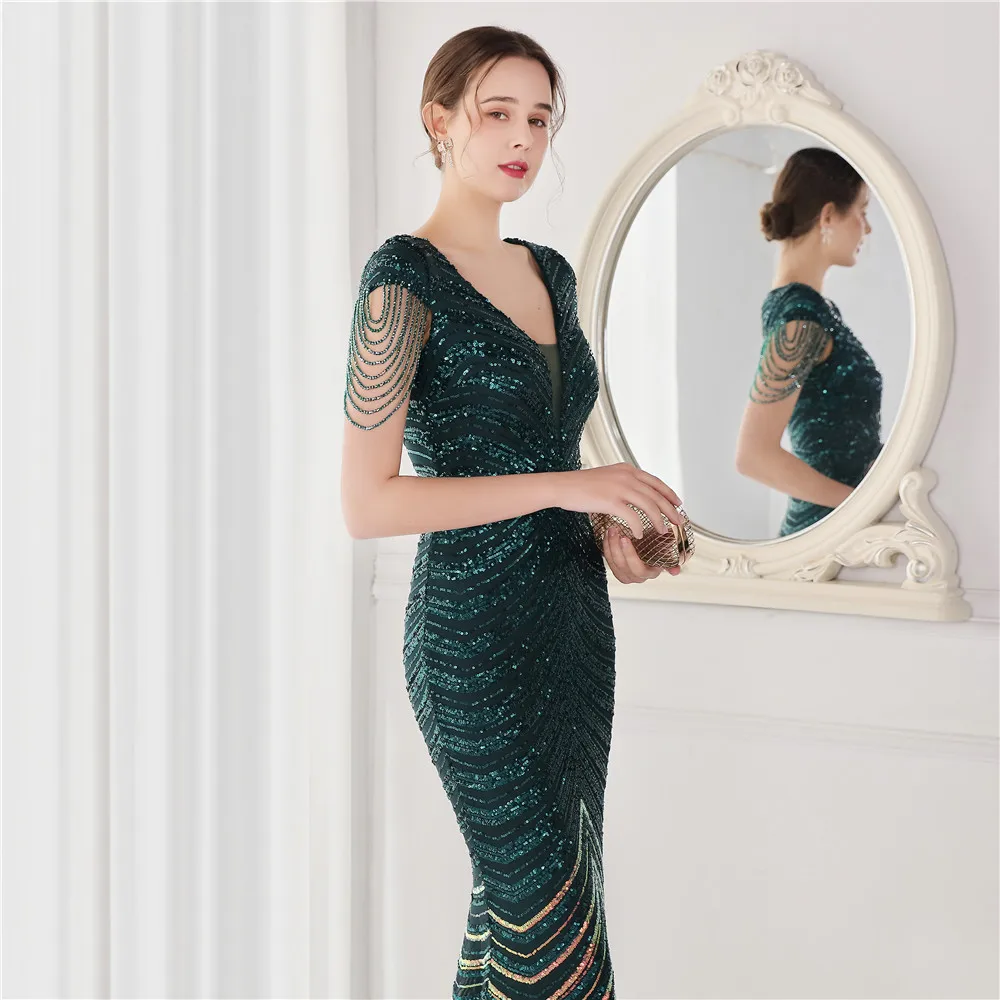 ใหม่ 2025 สีเขียวแขนสั้นลูกปัดสไตล์พรหมชุด DongCMY Maxi Mermaid Evening Party Robe De Soiree De Mariage