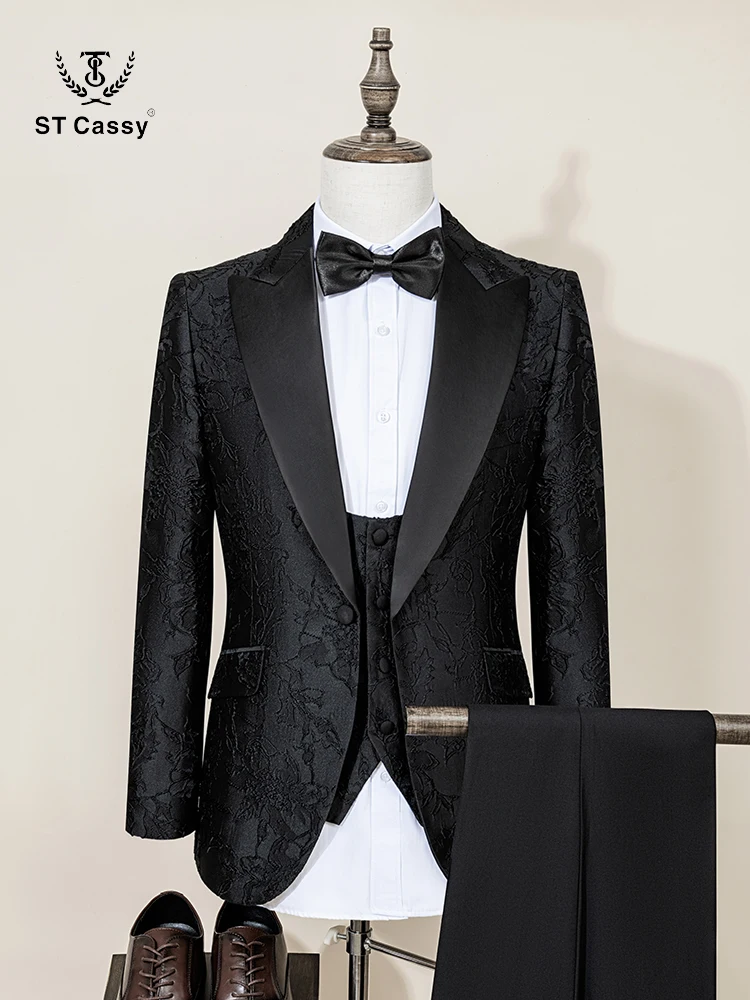 

ST Cassy High Quality Retro carving Party Dress Slim Fit Tuxedo Prom Suit Fashion black Male Groom Wedding three-piece