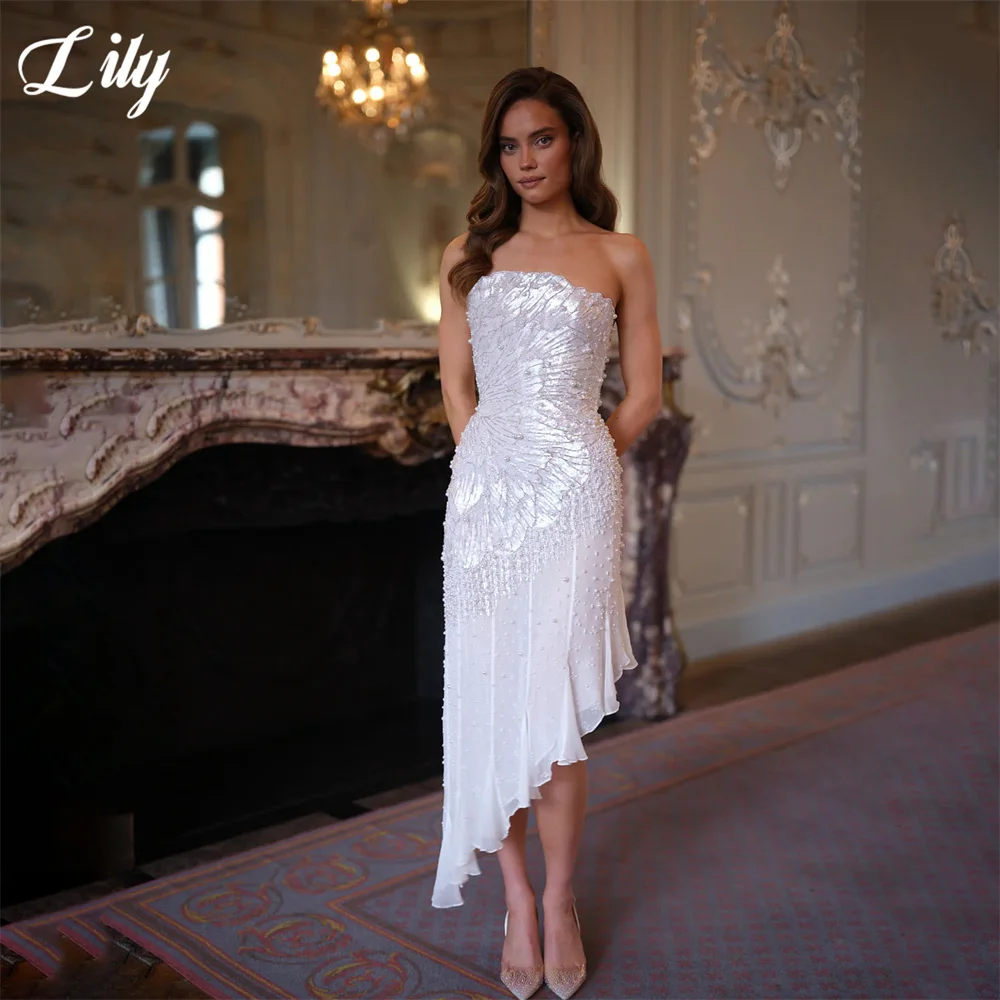 Lily White Hand Beaded Party Dress Irregular Ruffle Hem فساتين السهرة Strapless Night Dress Pearls Celebrity Dress Customized