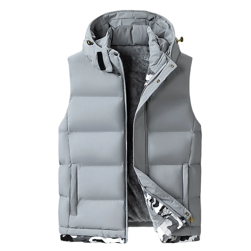 Autumn Winter Mens Hooded Sleeveless Vest Lamb Fleece Padded Waistcoat Sports Thickened Fleece Warm Plus Size Sleeveless Vest
