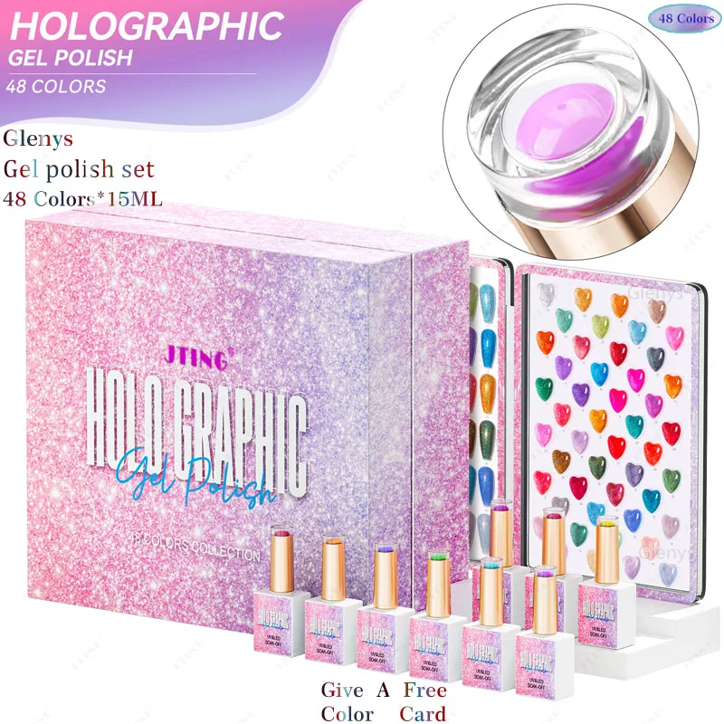 

Glenys 48 color nail polish adhesive popular holographic laser semi permanent immersion gel UV LED nail salon art varnish