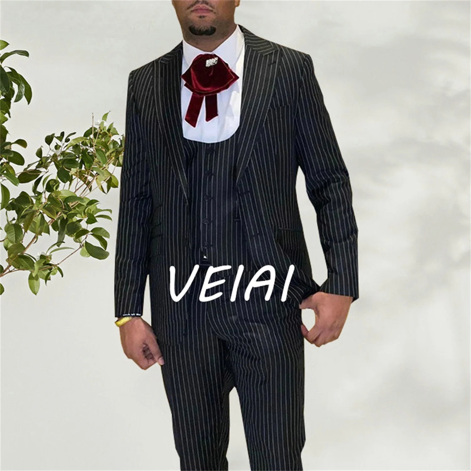 

(куртки + жилет + брюки) 2023, мужская мода, черный деловой полосатый костюм, мужское свадебное платье из трех предметов, костюм жениха, вечерние B