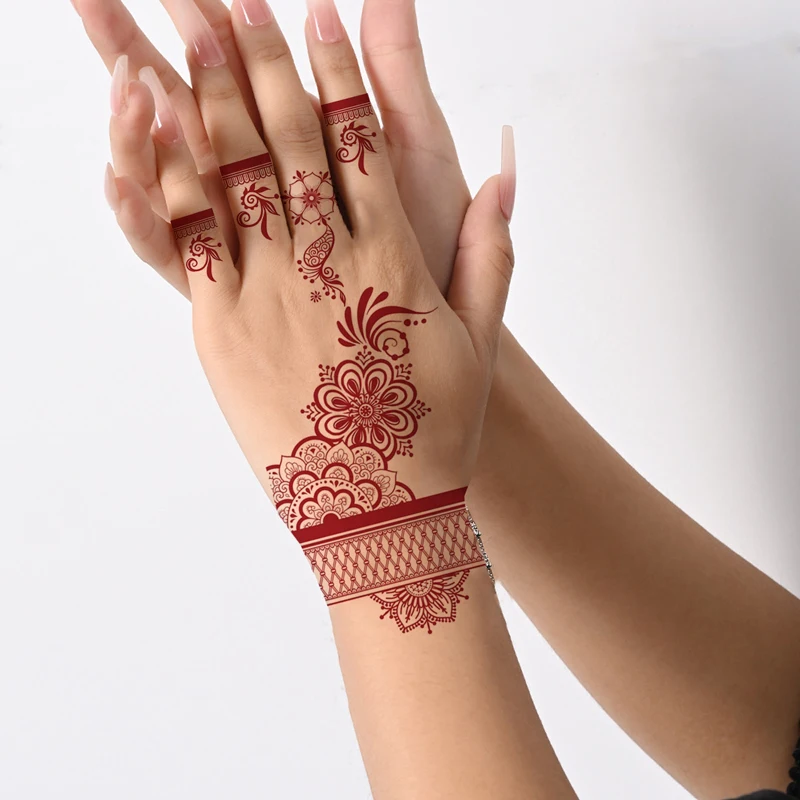 6 個あずき色の花一時的なタトゥー女性用防水ヘナタトゥーステッカー手とボディアートフェイクタトゥーリムーバブル