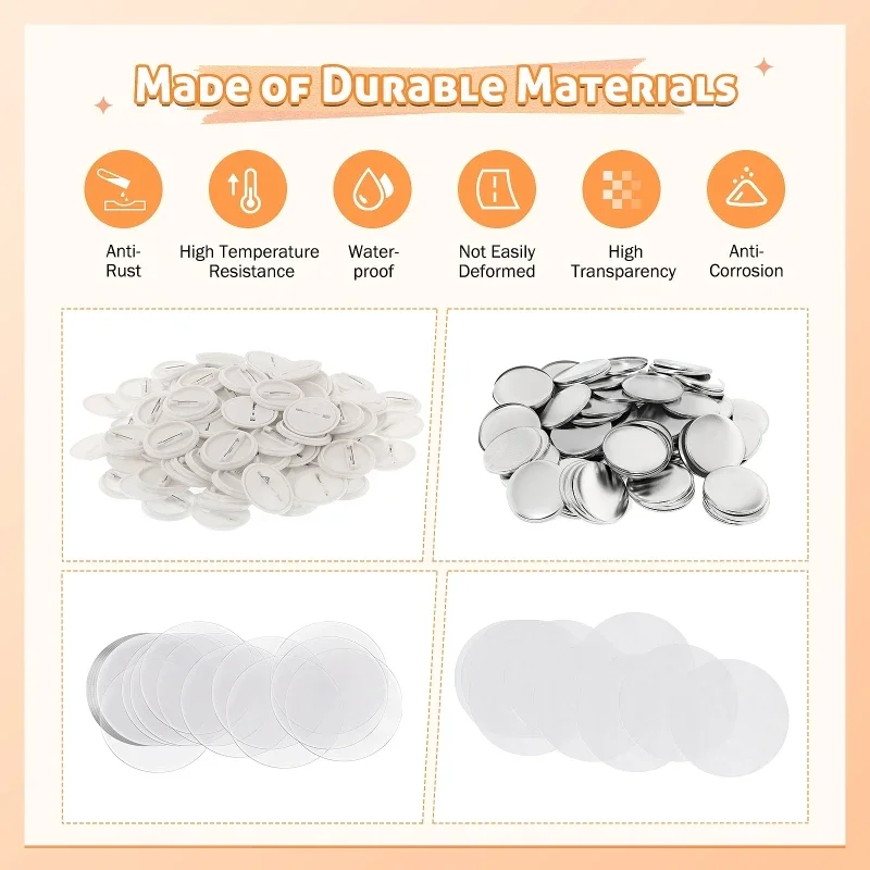 200 Sets Blank Pin Back Button Parts for Button Maker Machine 25mm 32mm 37mm 44mm Round Badge Making Supplies with Metal Cover