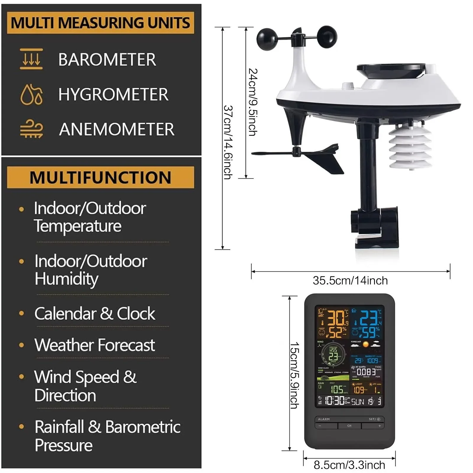 Smart Weather Station WiFi Weather Monitor Wireless Forecast Clock With Wind Rain Sensor UV TVOC Detector Color Display Calendar Multi-Language Support Real-Time Alerts Temperature Humidity Gauge For Home Indoor Outdoor Garden Yard Monitoring