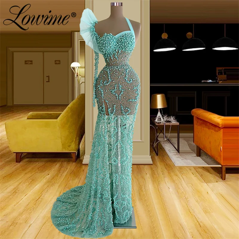 Lowime hortelã verde um ombro vestidos de noite 2022 sheer longo vestido de festa para casamento alta dividir vestidos de celebridade vestidos de baile