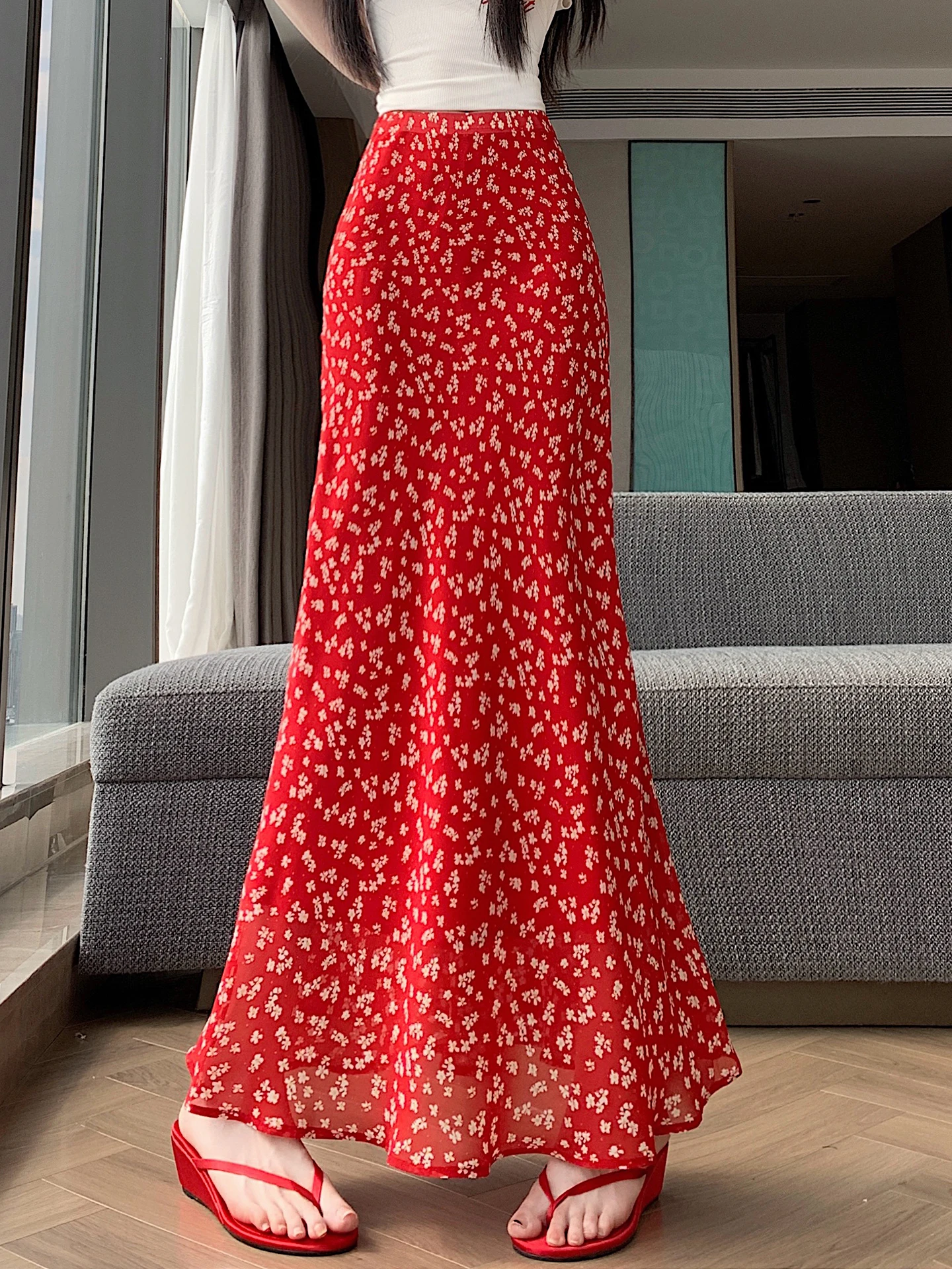 Retro Floral Chiffon Half Skirt Women's Summer Elastic High Waist Draped A-Line Fish Tail Long Skirt Korean Style Citywalk