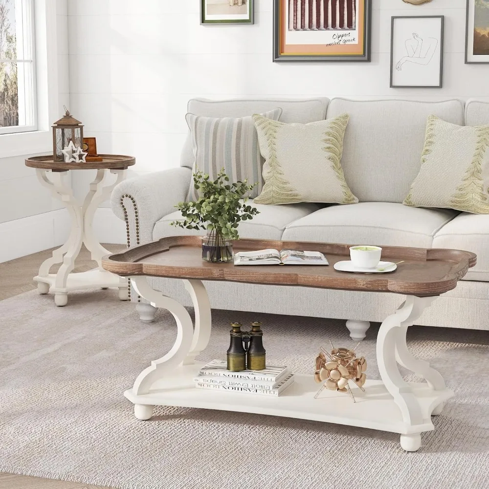 Mesa de centro de fazenda, mesa de coquetel branca rústica com prateleira de armazenamento, mesa de sofá com bandeja natural e pernas esculpidas