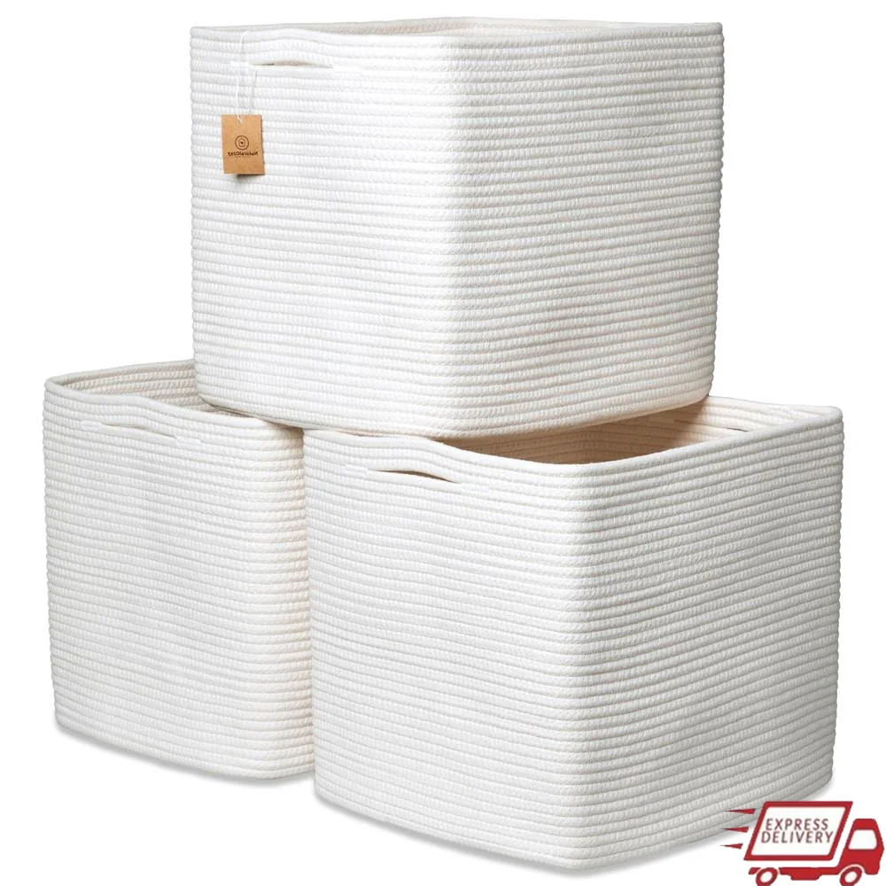 Kallax Storage Cubes Bins 3 Pack Cotton Rope Cube Storage Bin Woven Baskets Organizing Inserts Reinforced Hidden Handles