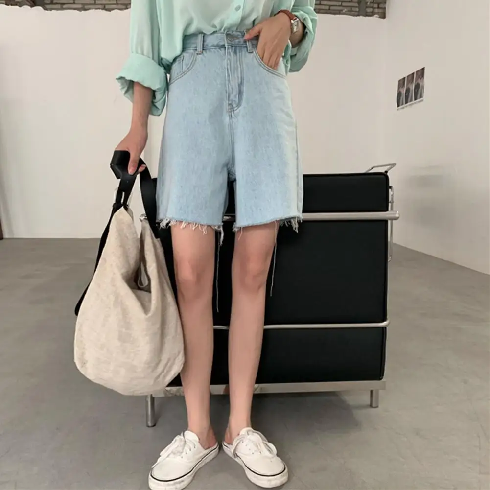 New Summer Women Hole High Waist Button Straight Leg Jeans Shorts Casual Female Loose Fit Blue Denim Shorts