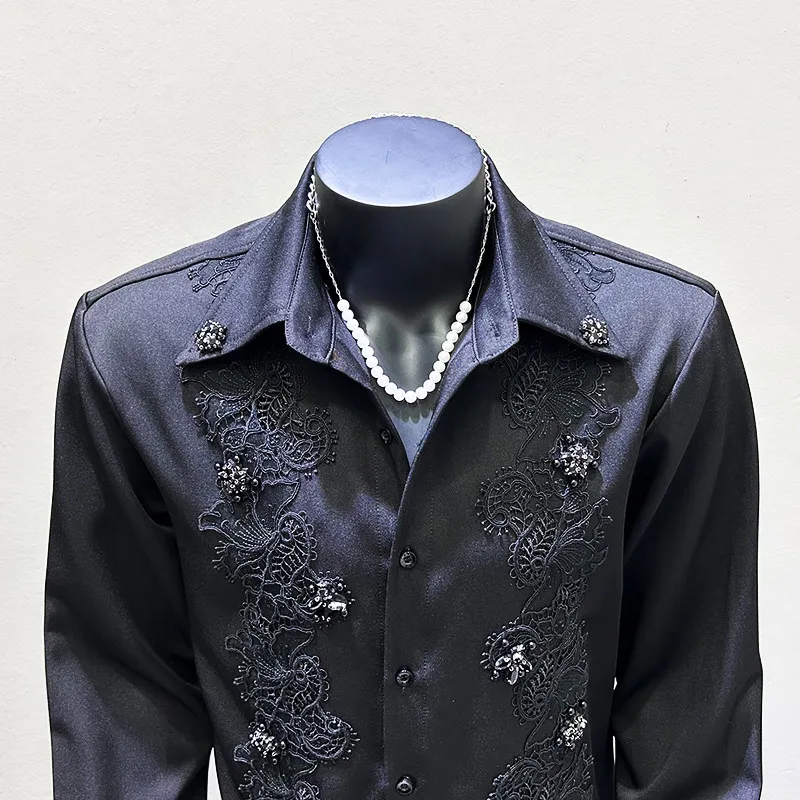 Men's Beaded Lace Pattern Shirt, Decorative Long Sleeve Casual Top for Music Festivals and Experimental Street Fashion