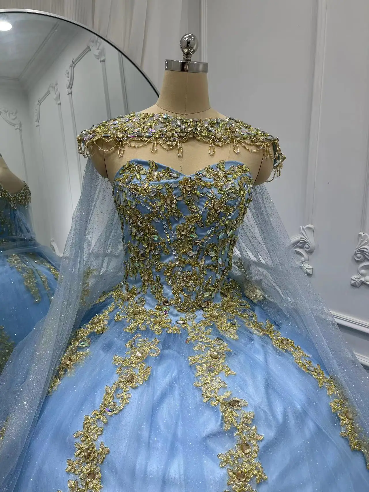 

Real Picture Light Blue Birthday Party Dresses With Cape Sweetheart Gold Lace Applique Puffy Vestido De 15 16 Quinceanera Girl