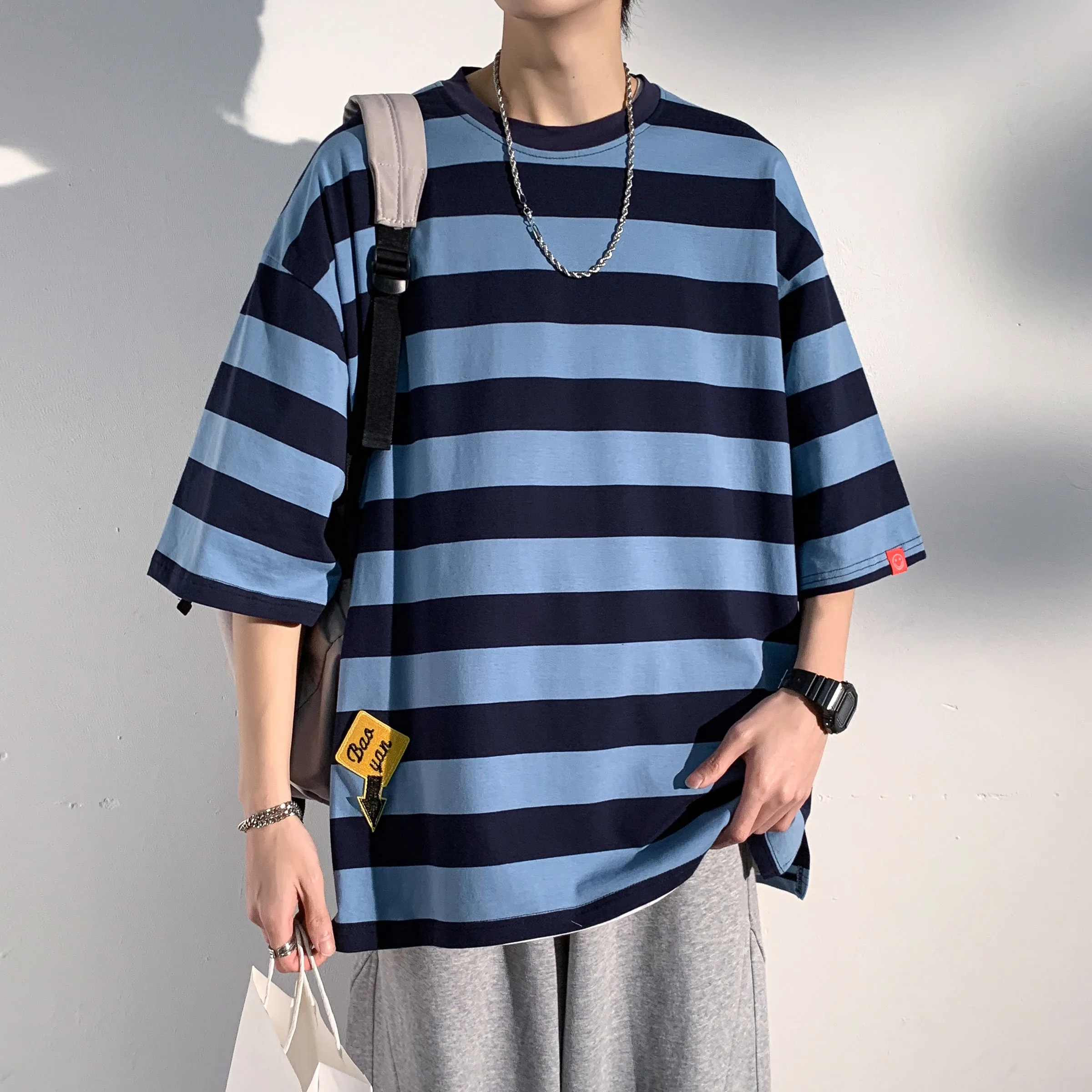 

Lazy Sle Japanese Striped T-irt ort Sve Men's Summer American Retro Blue Loose Large Size Trendy f Sve Top