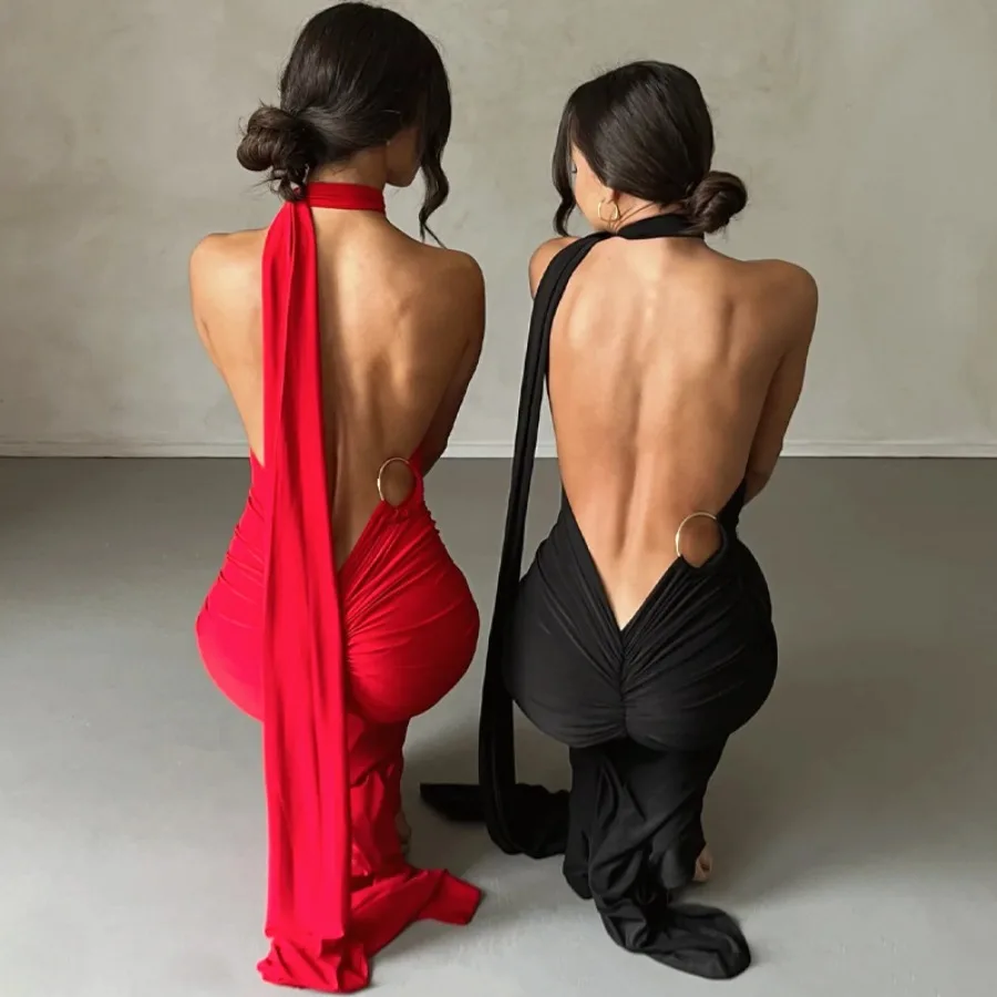 

【New style】European and American style women's clothing summer new product sexy backless pleated slim sleeveless dress women's