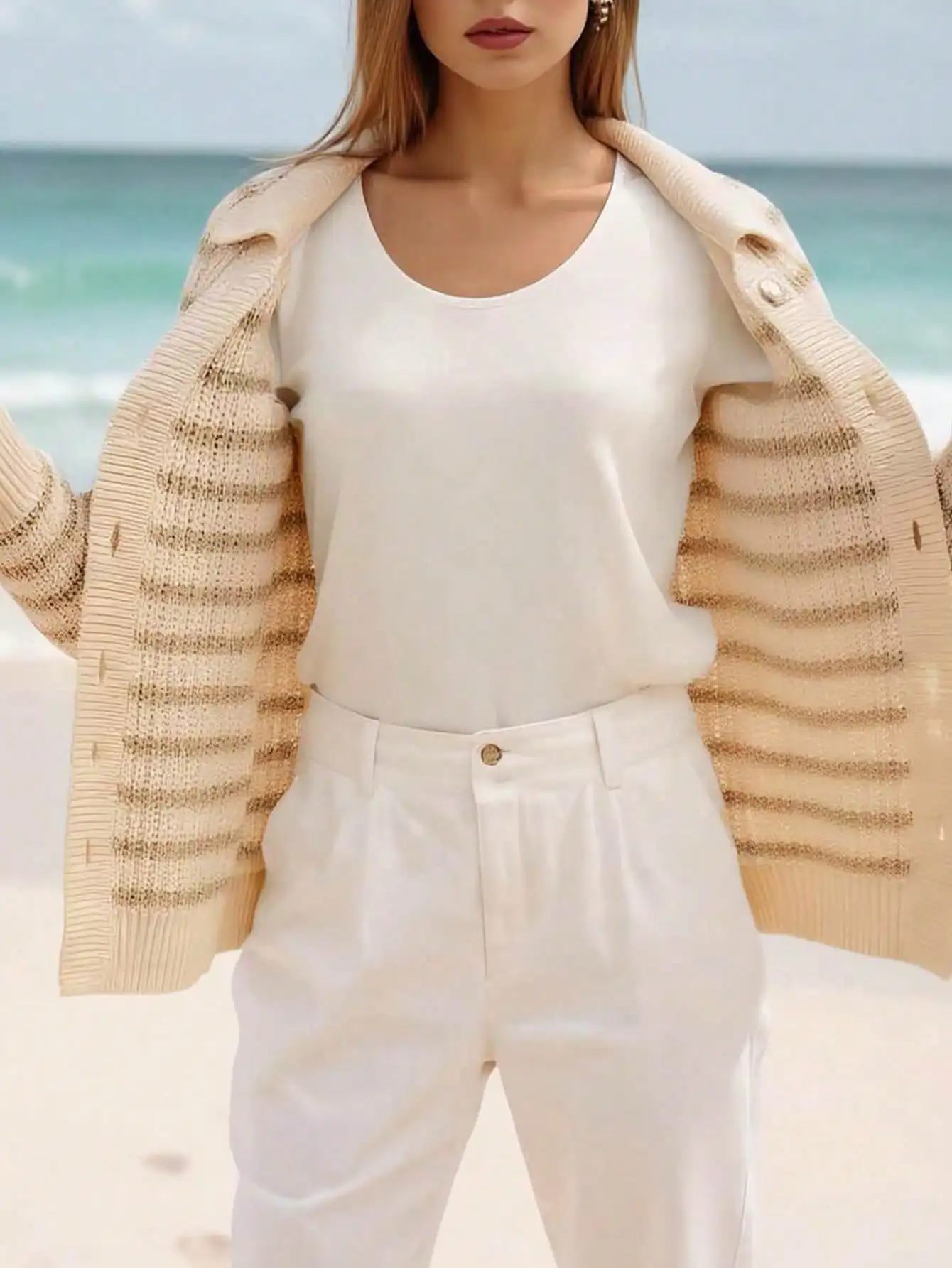 Cardigan in maglia con collo a polo Fisoew |   Maglione da donna a maniche lunghe aperto sul davanti |   Copricostume stile giacca abbottonata