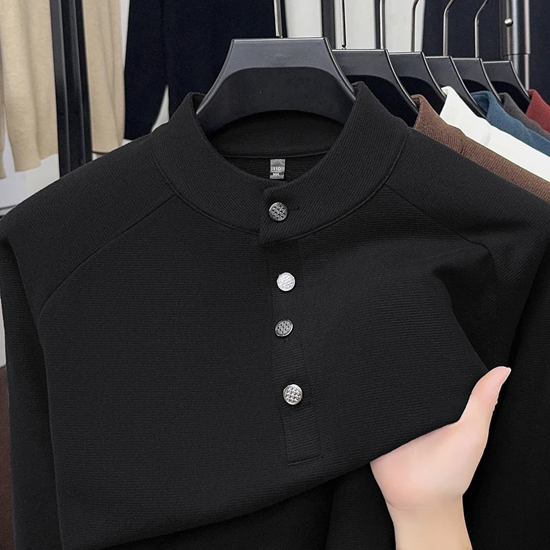 

Легкая роскошная маленькая футболка с воротником-стойкой, мужская футболка с длинными рукавами для папы, осенний деловой повседневный топ, весенне-осенняя базовая рубашка для мужчин