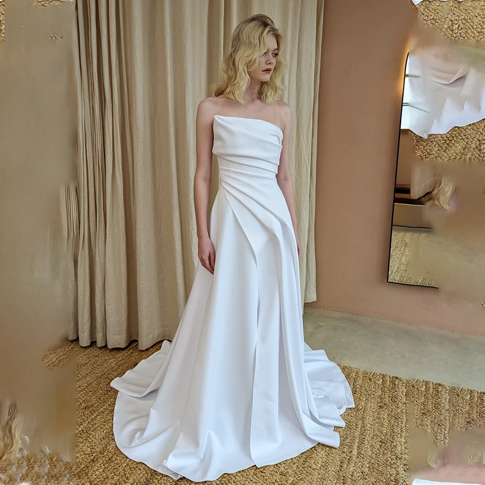 

Popular Pleat Strapless Satin A Line Wedding Dresses