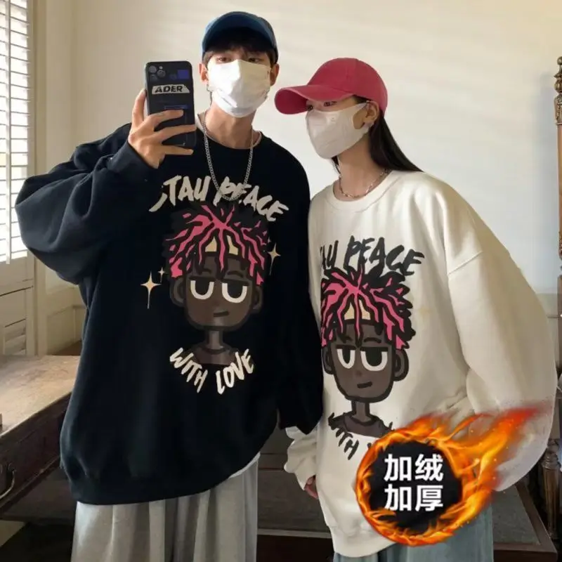 

Толстовка с круглым вырезом и американским мультяшным принтом, размер 300 Pou, весна-осень, новая модель, утепленная, для пар, топ-куртка