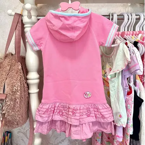 Imagen 2 del producto Ropa Kawaii japonesa, ropa bonita para hija, rosa, dulce novedad de verano, Piano, conejo, camiseta de manga corta con capucha, falda, Tops Y2k