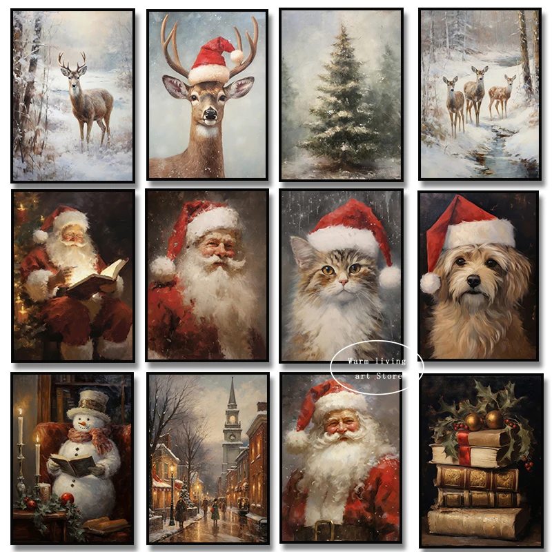 Christmas Santa Claus Country Farmhouse Elk Cat Snow Tree Forest Canvas Painting Winter Landscape Poster Print Room Home Decor