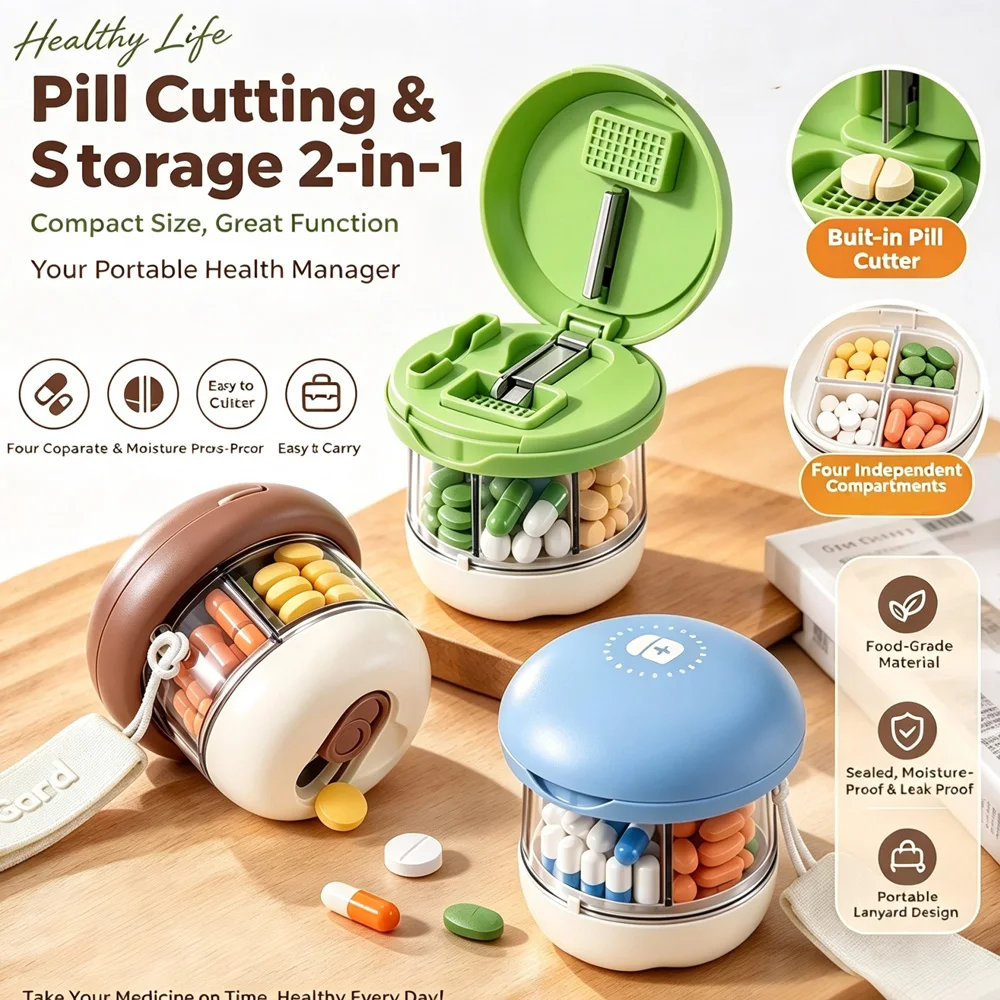 Pill Organizer Case Built-in Pill Cutter Grinder Moisture Proof Light Blocking Medicine Case with Lanyard for Vitamins Tablets