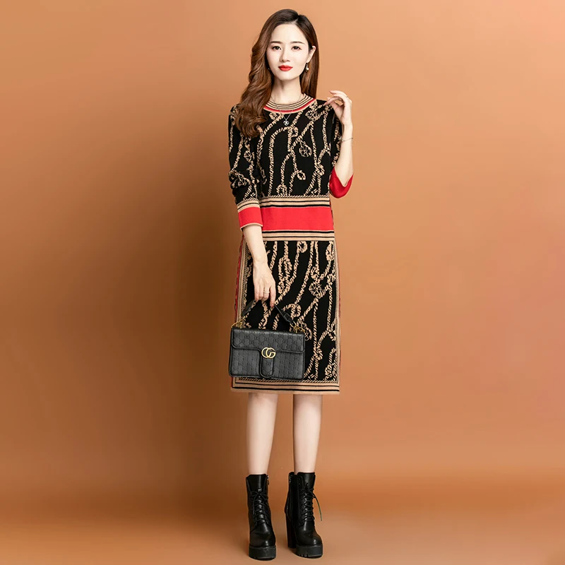 2024 Black Patchwork Plaid Knitted Cotton Midi Dress Women Korean Vintage Sweater Dress Autumn Winter Thick Warm Party Vestidos