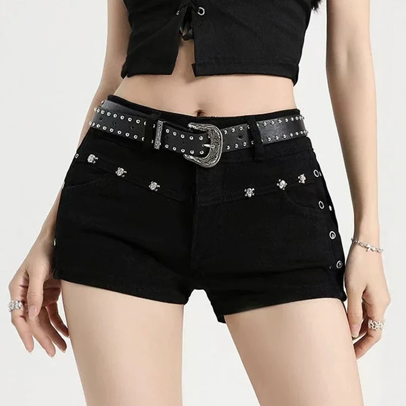 2026Black Y2K Low Waisted Denim Shorts Women Gothic Punk Rivets Slim Fit Micro Jean Shorts Woman Sexy Club Wear Pants No Belt