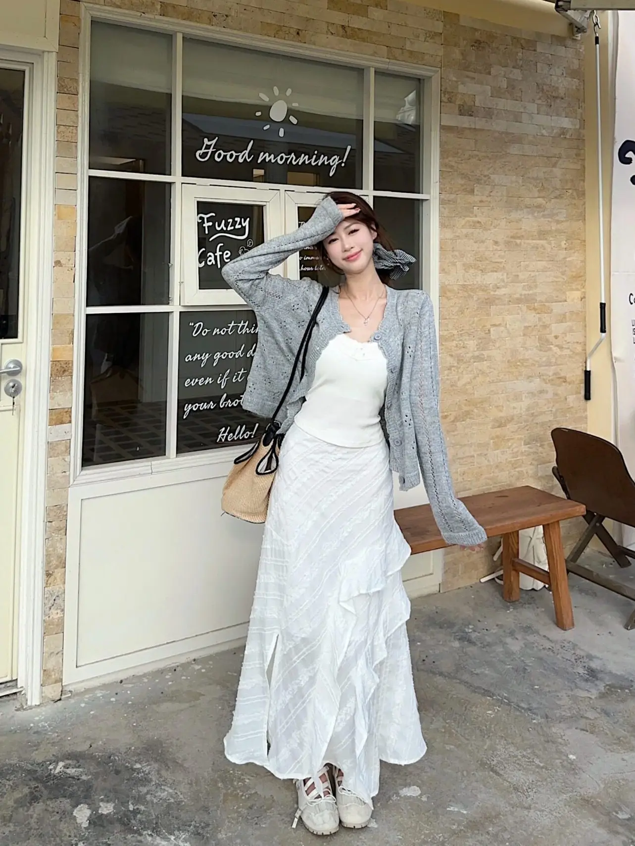 

Early Spring Three-Piece Set Grey Open Cardigan Inner Vest Strap Women's Spring Half Skirt Floral Matching Outfit