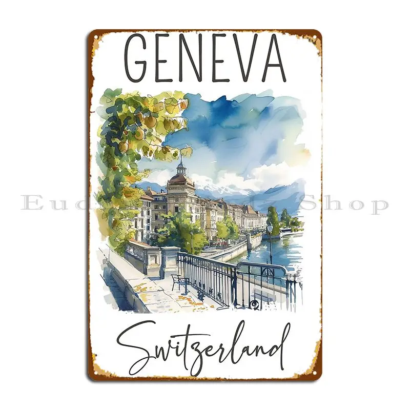 Watercolor Design Of Geneva Switzerland Metal Plaque Poster Retro Wall Decor Iron Design Kitchen Tin Sign Poster