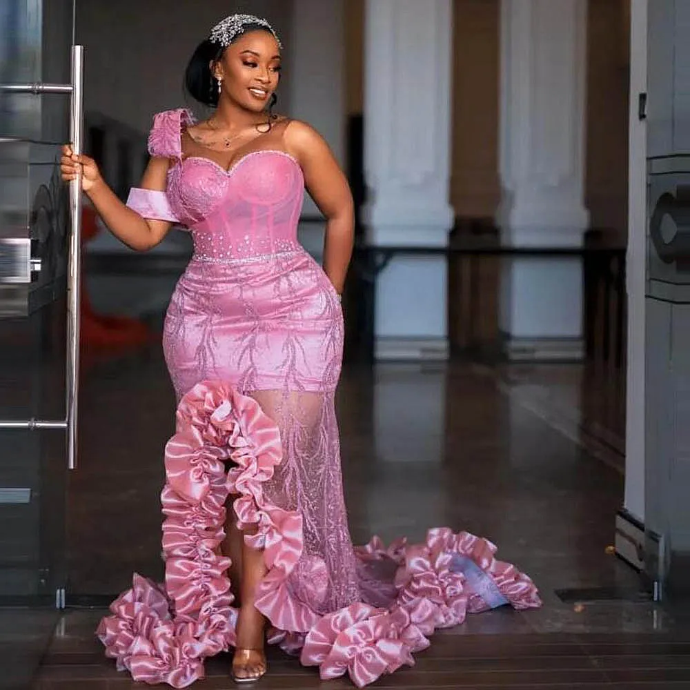 Plus Size Aso Ebi Evening Dresses WIth Ruffles Train High Low See Through Mermaid Prom Dress Wedding Guest Gowns