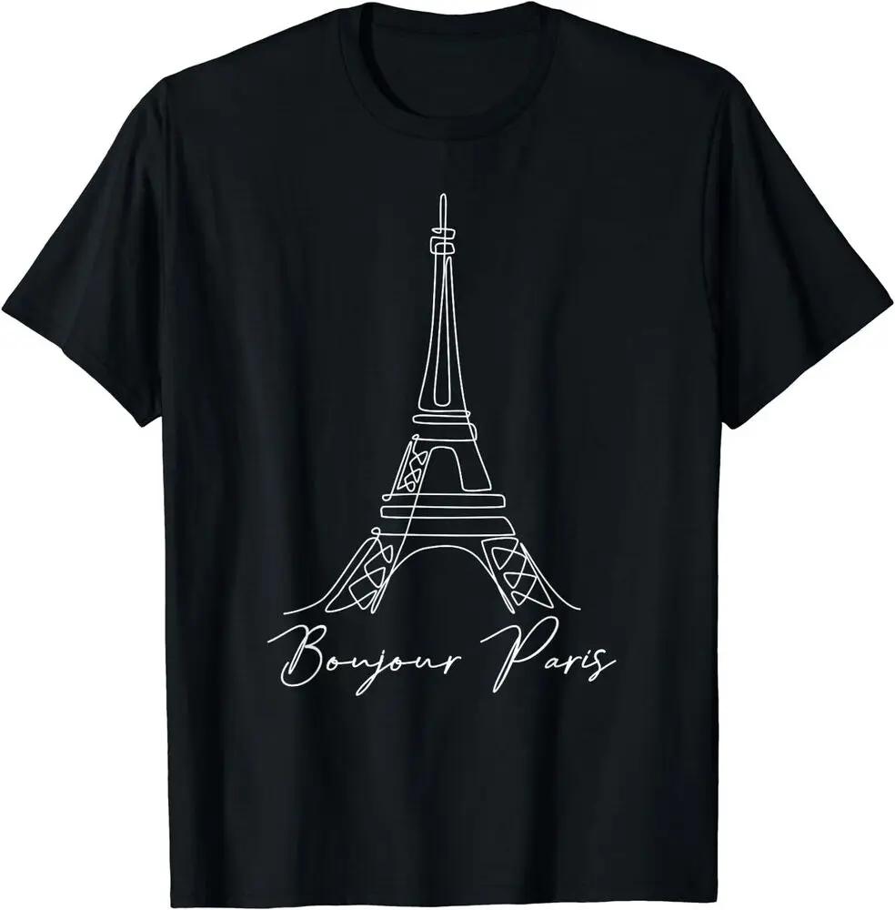 Bonjour Paris Hand Drawn One Line Art Drawing Eiffel Tower T-ShirtHigh Quality 100%Cotton Short Sleeve