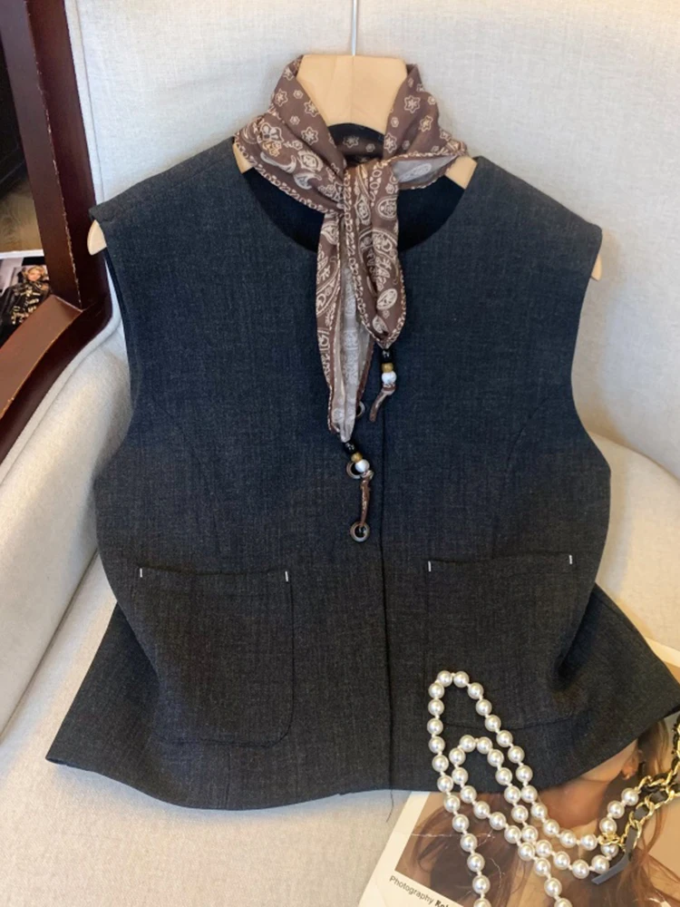 Ele Ne-Tie 실크 스카프 조끼 커피색 여성용 가을 겨울 패션 고급 스웨이드 조끼 탱크탑 황 치안에르