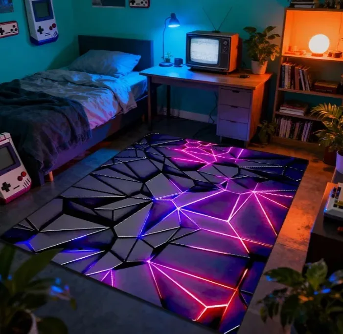 Stylish Futuristic Neon Polygon Area Rug Cracked Dark Facet Colorful Neon Light Print Soft Floor Carpet for Living Room Bedroom