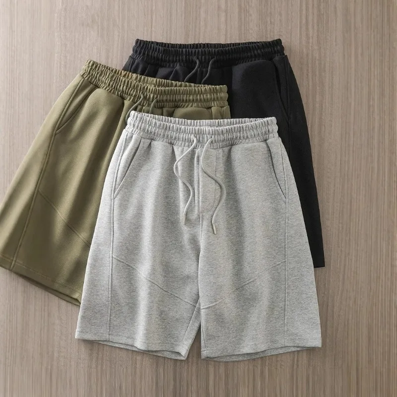 

Men Pocket Shorts High Quality Casual High Waist Drawstring Solid Color Splicing Short Sweatpants Knee Length Straight Shorts